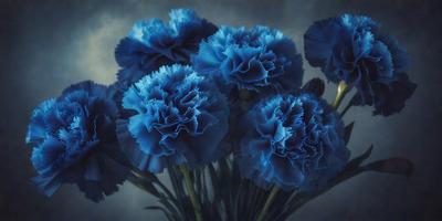 The primary subject of the image is a bouquet of blue flowers. The flowers are arranged in a vase, creating a beautiful and colorful display. The setting is a dark room, which adds a dramatic and moody atmosphere to the scene. The visual style of the image is a close-up of the flowers, showcasing their vibrant colors and intricate details. The dominant colors in the image are blue and purple, giving the scene a serene and calming mood.