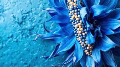 The primary subject of the image is a blue flower with yellow beads. The setting is a blue wall, and the visual style appears to be a photo. The dominant colors are blue and yellow, creating a calm and serene atmosphere.