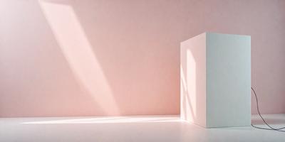 The primary subject of the image is a white box, which is placed on a white surface. The setting is a pink wall, and the visual style appears to be a photo. The colors in the image are predominantly white and pink, creating a calm and serene atmosphere.
