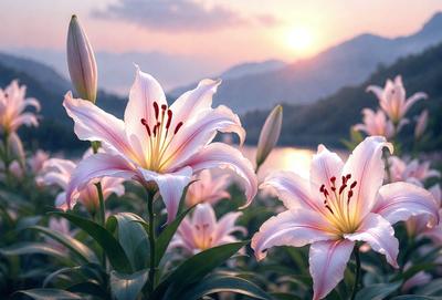 The primary subject of the image is a field of flowers, with a focus on lilies. The setting is a beautiful outdoor environment, likely near a body of water, as the flowers are blooming in the sunlight. The visual style of the image is a photo, capturing the vibrant colors and natural beauty of the flowers. The dominant colors in the image are pink and white, creating a serene and peaceful atmosphere.