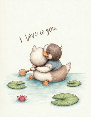 The image features a cute illustration of a duck and a penguin hugging each other. The duck is on the left side of the image, while the penguin is on the right. They are both sitting on a paddle, which is placed in the water. The scene is set in a lily pond, with a few lilypads visible in the water. The overall atmosphere of the image is warm and affectionate, as the two birds appear to be enjoying each other's company