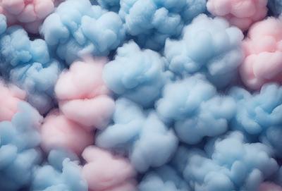The primary subject of the image is a cloud of cotton candy, which is a pink and blue swirled dessert. The setting is a blue and pink background, creating a visually appealing contrast with the cotton candy. The visual style is a close-up of the cotton candy, emphasizing its texture and colors. The dominant colors are pink and blue, creating a fun and playful atmosphere.
