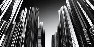 The primary subject of the image is a cityscape featuring a skyline of tall buildings. The setting is a black and white background, which gives the image a classic and timeless feel. The visual style is a combination of digital art and illustration, creating a realistic yet artistic representation of the city. The colors and mood of the image are predominantly black and white, with a hint of gray, giving it a moody and dramatic atmosphere.
