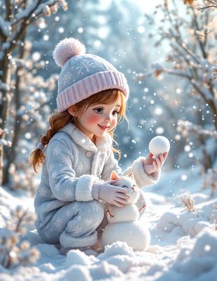 The primary subject of the image is a young girl wearing a white coat and a pink hat, sitting in the snow and holding a snowball. The setting is a snowy environment, with trees in the background. The visual style is a digital art illustration, creating a whimsical and playful atmosphere. The colors are predominantly white and pink, with the snow adding a cool and refreshing touch to the scene.