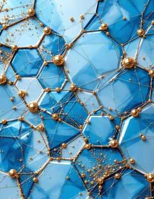 The primary subject of the image is a blue, hexagonal pattern with gold dots. The setting is a blue background, and the visual style appears to be a digital art or illustration. The dominant colors are blue and gold, creating a sense of depth and intricacy in the design.