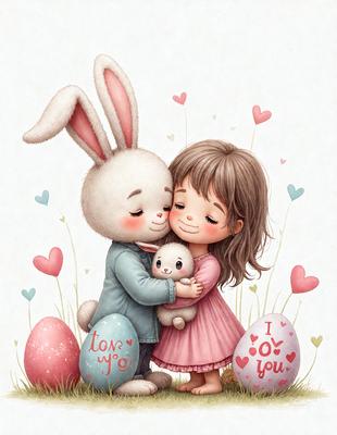 The primary subject of the image is a bunny and a girl hugging each other. They are standing next to a basket of eggs, which are the primary setting and background of the scene. The visual style of the image is a digital art illustration, creating a warm and loving atmosphere. The dominant colors are pink and white, which are associated with love and affection.