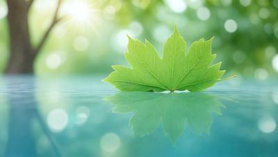 The primary subject of the image is a green leaf floating on a body of water. The leaf is positioned in the center of the image, and its reflection can be seen in the water. The setting is a calm and serene environment, with the leaf being the main focus of the scene. The visual style of the image is a close-up of the leaf, emphasizing its texture and color. The overall atmosphere of the image is peaceful and natural, with the leaf serving as a symbol of growth and renewal.