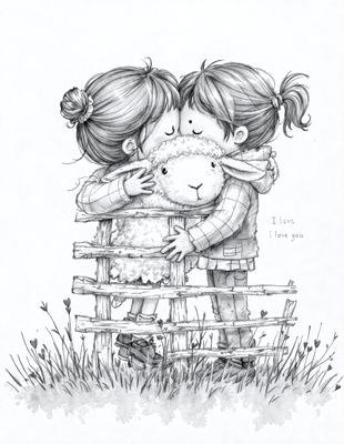The image features two young girls hugging a sheep, with one girl on the left and the other on the right. The sheep is positioned between them, and the girls are holding it close to their bodies. The scene is set in a grassy area, and the visual style appears to be a combination of digital art and illustration. The colors in the image are predominantly shades of green, brown, and white, creating a warm and natural atmosphere.