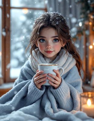 The primary subject of the image is a young girl holding a cup of coffee. She is wearing a blue sweater and appears to be enjoying her beverage. The setting is a room with a window, and the visual style is a digital art illustration. The colors in the image are predominantly blue and white, creating a calm and serene atmosphere.