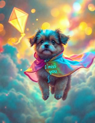 The primary subject of the image is a small dog wearing a cape and flying through the air. The dog is the main focus of the image, and it appears to be enjoying its time in the sky. The setting is a colorful, vibrant background that adds to the overall atmosphere of the image. The visual style is a combination of photo and digital art, creating a unique and eye-catching scene. The colors and mood of the image are lively and cheerful, with a sense of playfulness and