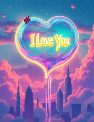 The primary subject of the image is a heart-shaped balloon with the words "I Love You" written on it. The heart is floating in the air, and it appears to be a part of a larger balloon display. The setting is a cityscape, with buildings visible in the background. The visual style is a combination of digital art and illustration, creating a whimsical and playful atmosphere. The colors are predominantly pink and purple, which are associated with love and affection.