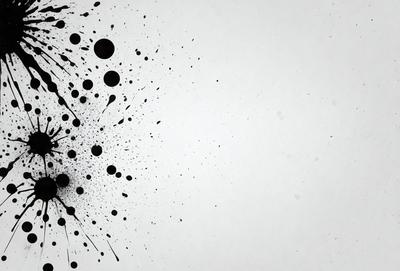 The primary subject of the image is a black and white painting of a splattered pattern. The setting is a white background, which provides a clean and minimalist appearance. The visual style is a combination of artistic expression and digital manipulation. The colors and mood of the painting are predominantly black and white, creating a sense of depth and contrast.