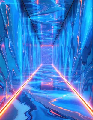 The primary subject of the image is a long, narrow hallway with a blue color scheme. The setting is a futuristic environment, possibly a space station or a high-tech building. The visual style is a combination of digital art and illustration, creating a unique and captivating atmosphere. The dominant colors are blue and orange, which contribute to the futuristic and vibrant mood of the scene.