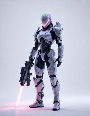 The primary subject of the image is a robotic figure, possibly a female cyborg, holding a weapon. The setting is a white background, which provides a clean and minimalistic environment for the robotic figure. The visual style appears to be a combination of digital art and illustration, creating a futuristic and technological atmosphere. The colors and mood of the image are predominantly white, giving it a clean and modern appearance.