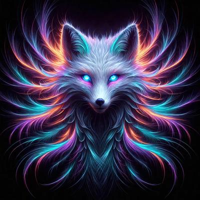 The primary subject of the image is a fox with blue eyes, which appears to be a digital art or illustration. The fox is surrounded by a vibrant and colorful background, featuring a mix of blue, purple, and orange hues. The visual style of the image suggests that it is a creative and artistic representation of the fox, rather than a photo or a real-life scene. The overall atmosphere of the image is lively and captivating, with the fox's striking blue eyes