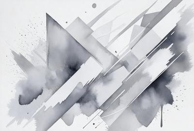 The image is a black and white painting featuring a geometric design. The primary subject is a large triangle shape, which is the main focus of the painting. The setting is a white background, which provides a clean and minimalist appearance. The visual style is a combination of digital art and illustration, creating a unique and artistic representation of the geometric design. The colors and mood of the painting are predominantly black and white, giving it a classic and timeless feel.