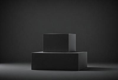 The primary subject of the image is a black box. The setting is a dark room, and the visual style is a photo. The dominant colors are black and gray, creating a moody atmosphere.