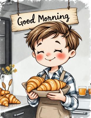 The primary subject of the image is a young boy holding a bowl filled with croissants. The setting is a kitchen, with a dining table visible in the background. The visual style is a hand-drawn illustration, giving the image a warm and inviting atmosphere. The colors are predominantly pastel shades, which contribute to the overall mood of the scene.
