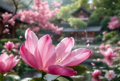 The primary subject of the image is a pink flower, which is the main focus of the scene. The setting is a garden, with a pond visible in the background. The visual style of the image is a photo, capturing the beauty of the flower in its natural environment. The dominant colors in the image are pink and white, creating a serene and peaceful atmosphere.