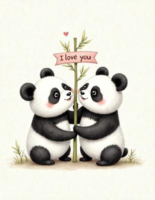 The image features two panda bears standing next to each other, holding a bamboo pole. They are positioned in front of a heart-shaped sign, which reads "I love you." The scene appears to be a cute and affectionate illustration, possibly for a Valentine's Day card or a similar occasion. The visual style is a combination of digital art and illustration, creating a charming and playful atmosphere.