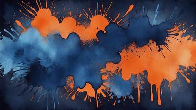 The primary subject of the image is a painting or drawing featuring a blue background with orange and blue splatters. The setting appears to be an artistic environment, possibly a studio or gallery. The visual style of the image is a combination of digital art and illustration, with the use of vibrant colors and a unique pattern. The dominant colors in the painting are blue and orange, creating a lively and energetic atmosphere.