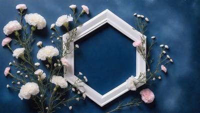 The primary subject of the image is a white framed square with a blue background. The square is adorned with a flower arrangement, featuring pink and white flowers. The setting is a blue background, which creates a calm and serene atmosphere. The visual style is a combination of a photo and digital art, as the square is framed and the flowers are arranged in a visually appealing manner. The colors and mood of the image are predominantly blue and white, with the pink flowers adding a touch of warmth