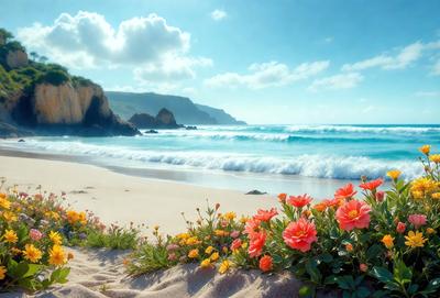 The primary subject of the image is a beautiful beach scene with a sandy shore and a rocky cliff in the background. The setting includes a body of water, likely the ocean, and a lush green hillside. The visual style of the image is a photo, capturing the natural beauty of the beach and its surroundings. The colors and mood of the image are vibrant and serene, with the sandy beach, blue water, and green hillside creating a peaceful and inviting atmosphere.