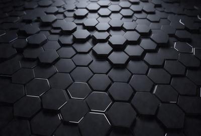 The primary subject of the image is a black and white patterned surface, which appears to be a tile or a black and white checkered floor. The setting is a dark room, and the visual style is a close-up of the patterned surface. The colors and mood of the image are predominantly dark and moody, with the black and white pattern creating a sense of depth and contrast.
