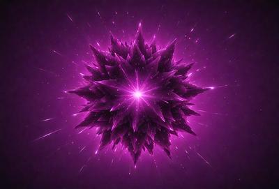 The primary subject of the image is a purple, three-dimensional geometric shape, which appears to be a combination of a star and a flower. The shape is surrounded by a purple background, giving it a unique and eye-catching appearance. The visual style of the image is a mix of digital art and illustration, creating a vibrant and artistic atmosphere. The dominant colors in the image are purple and pink, which contribute to the overall mood of the scene.