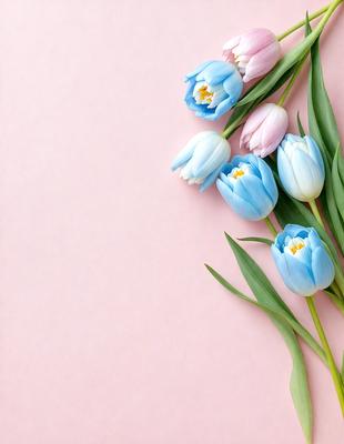 The primary subject of the image is a bouquet of blue and white flowers. The flowers are arranged in a vase and are placed on a pink background. The visual style of the image is a photo, capturing the beauty of the flowers in their natural setting. The colors and mood of the image are predominantly pink and white, creating a sense of elegance and freshness.