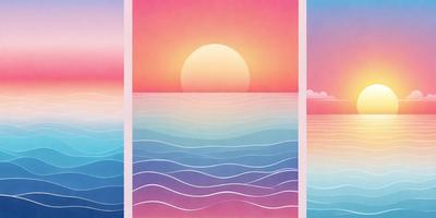 The primary subject of the image is a painting of the ocean, featuring a beautiful sunset. The setting is a serene ocean with a sun rising in the background. The visual style is a combination of digital art and illustration, creating a vibrant and captivating scene. The dominant colors are pink, blue, and orange, which contribute to the overall mood of the painting, evoking a sense of tranquility and wonder.