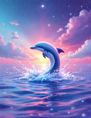 The primary subject of the image is a dolphin, which is the main focus of the scene. The dolphin is swimming in the ocean, surrounded by a beautiful blue water. The setting includes a sunset in the background, adding a warm and serene atmosphere to the scene. The visual style of the image is a digital art or illustration, showcasing the dolphin in a vibrant and detailed manner. The colors and mood of the image are predominantly blue and calming, creating a peace