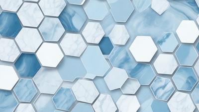 The primary subject of the image is a pattern of white hexagons, which are arranged in a visually appealing manner. The setting is a blue background, which complements the white hexagons and adds a sense of depth to the image. The visual style is a combination of digital art and illustration, creating a unique and eye-catching design. The colors and mood of the image are predominantly white and blue, giving it a clean and calming atmosphere.