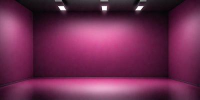 The primary subject of the image is a large, empty room with a pink wall. The setting is a dark room with a purple wall, and the visual style is a photo. The dominant colors in the image are pink and purple, creating a moody and dramatic atmosphere.