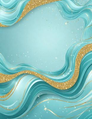 The primary subject of the image is a blue and gold ocean wave. The setting is a blue background, and the visual style is a digital art or illustration. The dominant colors are blue and gold, creating a serene and calming atmosphere.