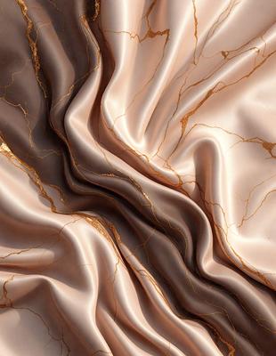 The primary subject of the image is a marbled fabric with a gold and brown color scheme. The setting is a close-up of the fabric, showcasing its intricate pattern and texture. The visual style is a detailed, artistic representation of the fabric, possibly as a digital art or illustration. The colors and mood of the image are warm and luxurious, evoking a sense of sophistication and elegance.