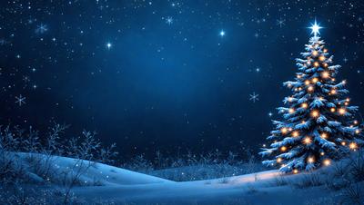 The primary subject of the image is a small, lit-up Christmas tree. The setting is a snowy landscape, with a night sky visible in the background. The visual style is a digital art or illustration, creating a festive and cozy atmosphere. The dominant colors are blue, white, and red, with the tree being the main focal point.