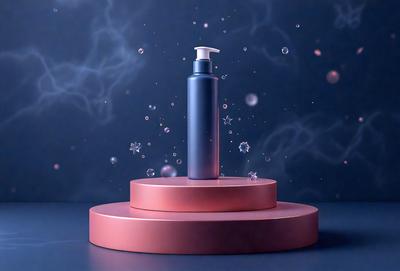 The primary subject of the image is a bottle of soap, which is placed on a pink pedestal. The setting is a dark background, which contrasts with the bright pink pedestal. The visual style is a combination of photo and digital art, creating a unique and eye-catching presentation. The colors and mood of the image are predominantly pink, giving it a warm and inviting atmosphere.