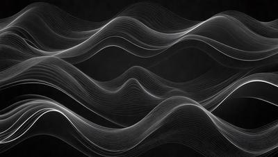 The primary subject of the image is a series of waves, which are depicted as a pattern of lines on a black background. The setting is a dark background, which emphasizes the contrast between the waves and the background. The visual style is a combination of digital art and illustration, creating a dynamic and visually appealing representation of the waves. The colors and mood of the image are predominantly black and white, with the waves adding a touch of contrast and movement to the overall atmosphere.