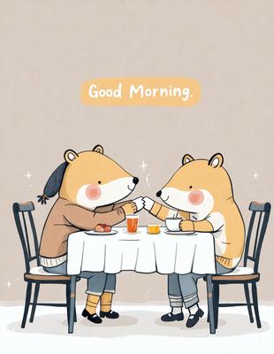 The image features two cartoon bears sitting at a dining table, enjoying a meal together. They are holding hands, creating a warm and friendly atmosphere. The table is set with various items, including cups, bowls, and a spoon. There are also a couple of apples on the table, adding a touch of color and freshness to the scene. The overall mood of the image is cheerful and inviting, with the bears sharing a delightful moment over a meal.