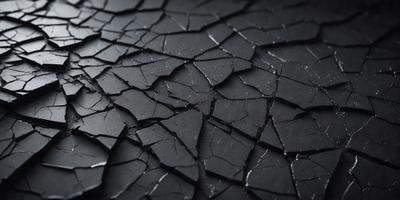 The primary subject of the image is a close-up of a black surface with a cracked and peeling appearance. The setting is a dark background, and the visual style is a black and white photo. The colors and mood of the image are dark and moody, with the black surface creating a dramatic and intense atmosphere.