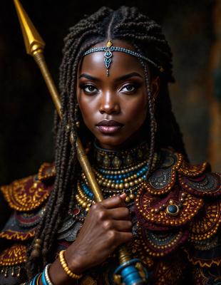 The primary subject of the image is a woman with long, curly hair, wearing a gold necklace and holding a gold staff. She is dressed in a colorful outfit, which includes a brown and gold dress. The setting appears to be a rocky environment, with a stone wall visible in the background. The visual style of the image is a combination of photo and digital art, creating a unique and intriguing portrait of the woman. The colors and mood of the image are vibrant and lively, with the