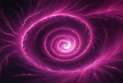 The primary subject of the image is a large, pink spiral. The spiral is the main object, scene, or focus of the image. The setting or background of the image is a dark, purple-pink space. The visual style of the image is digital art, as it appears to be a digital illustration or drawing. The dominant colors in the image are pink and purple, creating a vibrant and energetic atmosphere.