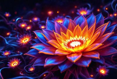 The primary subject of the image is a large, vibrant flower with a blue and orange hue. The flower is surrounded by a field of blue flowers, creating a visually striking scene. The setting appears to be a dark, possibly nighttime, environment, which adds to the overall mood of the image. The visual style of the image is a combination of photo and digital art, resulting in a unique and eye-catching display.