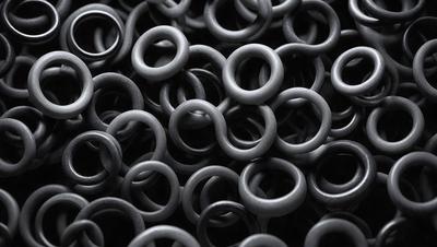 The primary subject of the image is a large collection of black rubber rings. The setting is a dark background, which contrasts with the rubber rings. The visual style is a close-up of the rubber rings, showcasing their details. The dominant colors are black, and the overall atmosphere is dark and mysterious.