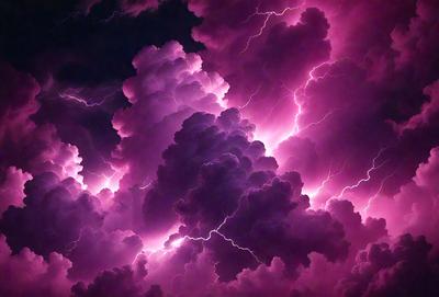 The primary subject of the image is a purple cloud with lightning bolts, creating a dramatic and intense atmosphere. The setting is a dark sky, with the cloud being the main focus of the scene. The visual style is a combination of photo and digital art, as the cloud appears to be a digital creation with lightning bolts. The colors and mood are predominantly purple and dramatic, with the lightning bolts adding a sense of intensity and power to the scene.