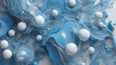 The primary subject of the image is a blue and white swirling pattern, which appears to be a digital art or illustration. The setting is a blue background, and the visual style is a mix of digital art and illustration. The dominant colors are blue and white, creating a calm and soothing atmosphere. The image also features white balls scattered throughout the blue swirls, adding an interesting and dynamic element to the overall composition.