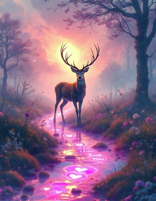 Primary subject: A deer with antlers walking through a forest.

Setting/background: The deer is walking through a forest with trees and flowers.

Visual style: The image is a digital art or illustration.

Colors and mood: The image has a purple and pink color scheme, creating a serene and magical atmosphere.