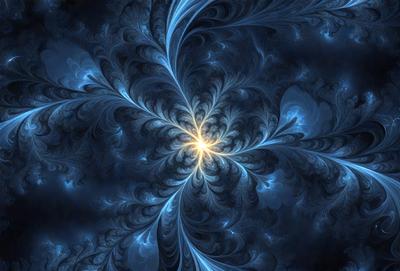 The primary subject of the image is a blue and white spiral pattern, which appears to be a digital art or illustration. The setting is a dark blue background, creating a contrasting and dramatic effect. The visual style is a combination of digital art and illustration, with the spiral pattern being the main focus. The colors and mood of the image are predominantly dark blue and white, giving it a mysterious and intriguing atmosphere.