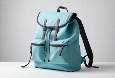 The primary subject of the image is a blue backpack with a brown strap. The backpack is placed on a white surface, which serves as the background. The visual style of the image is a photo, capturing the details of the backpack and its strap. The colors in the image are predominantly blue and brown, creating a calm and soothing atmosphere.